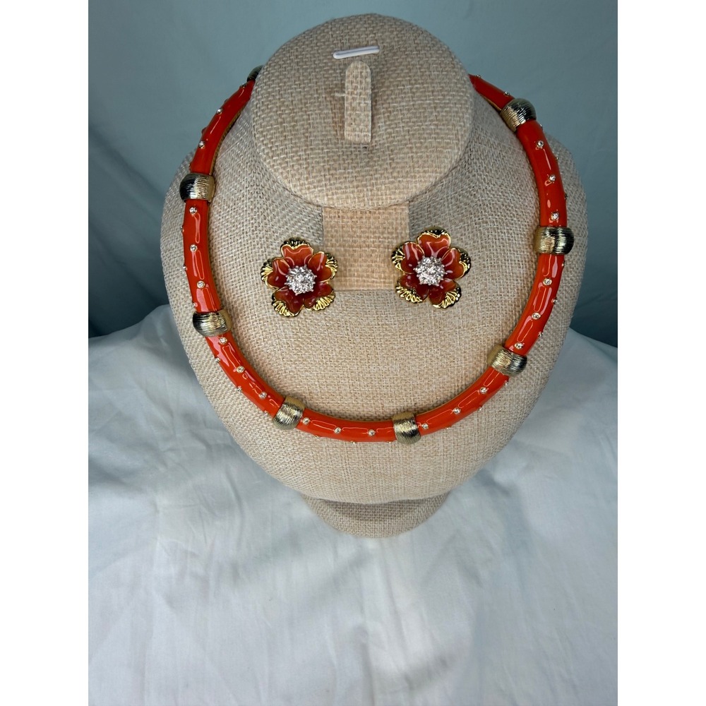 Nolan Miller Orange Enamel Rhinestone Flower Clip Earring Set & Unmarked Choker